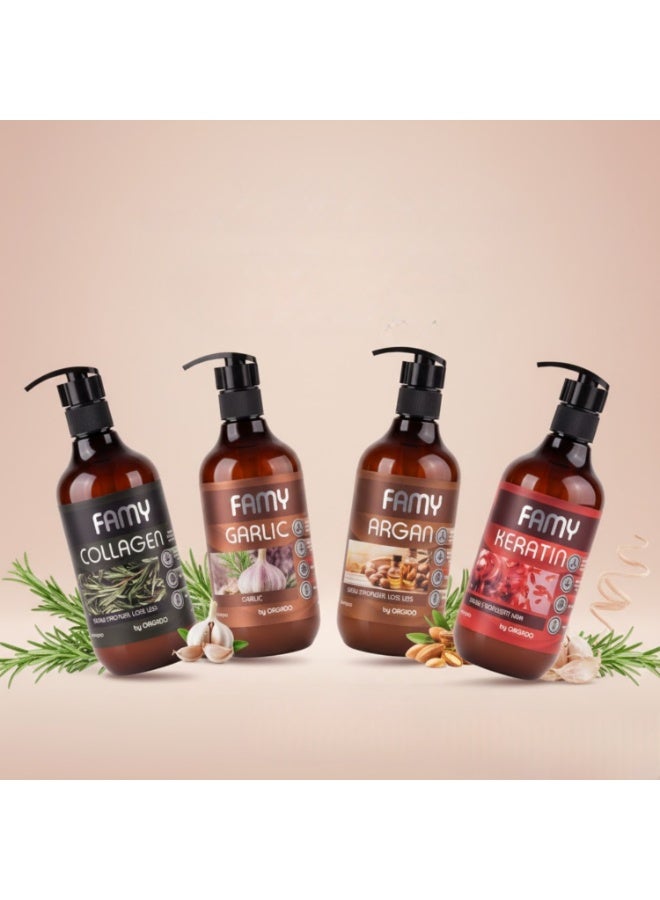 Famy Shampoo Bundle of 4 Garlic,Argan,Keratin,Collagen - Image 1